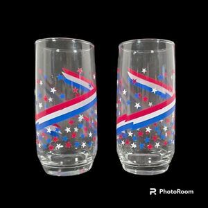 Libbey Vintage 70's Glasses‎ Patriotic Stars & Stripes Red White Blue Set of 2